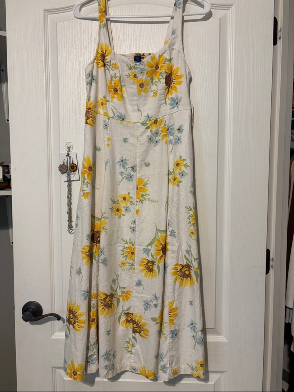 Old Navy White Maxi Dress with Yellow Sunflower and Light Blue Floral Print